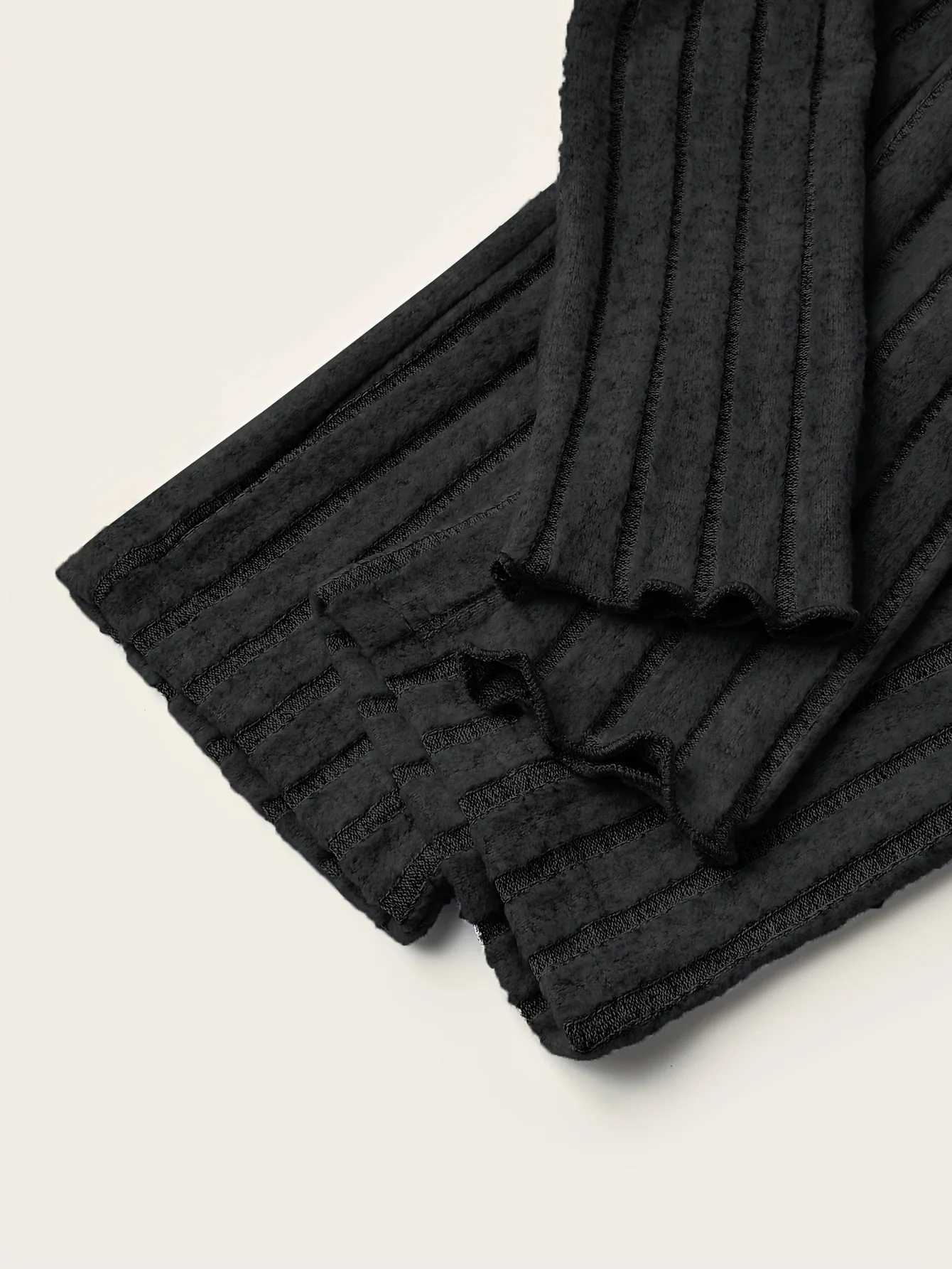 Casual Ribbed Twopiece Set Lettuce Trim Mock Neck Long Sleeve Top Elastic Waist Pants Outfits Womens ClothingT251022