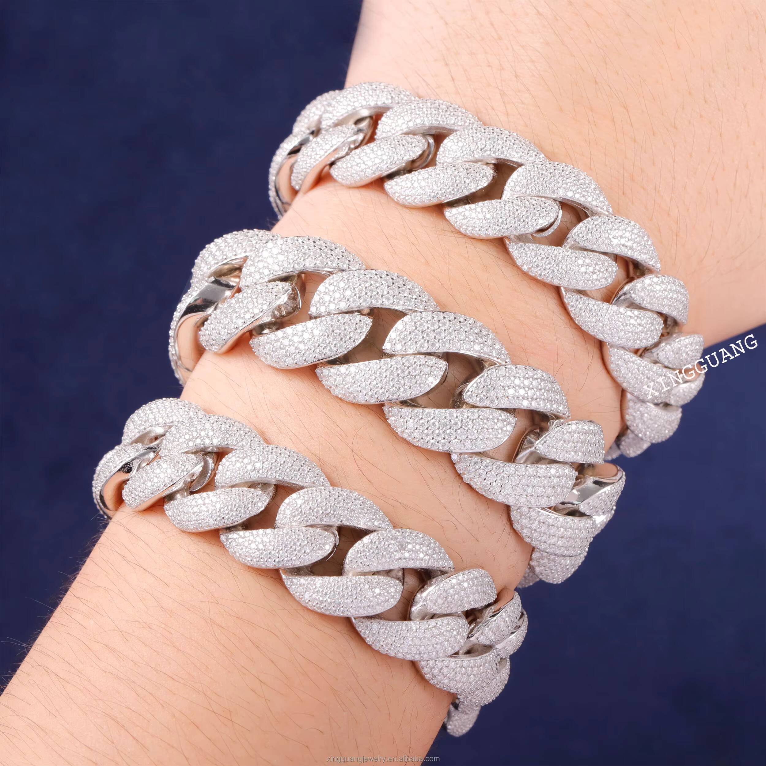 Fine Cuban Chain 20mm Width 234rows Iced Out VVS Moissanite Diamonds White Gold Plated Solid Silver Hip Hop Bracelet Jewelry