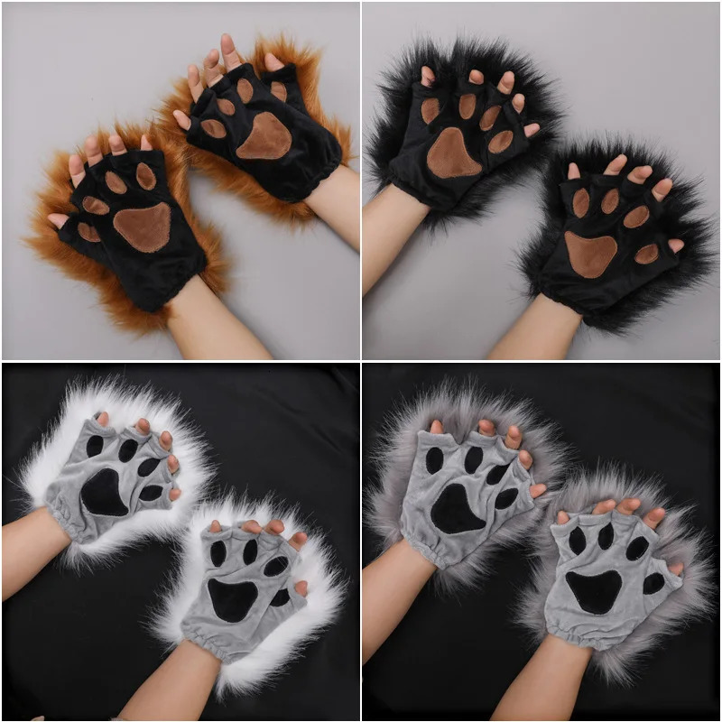Wolf Paw Gloves Faux Fur Fingerless Mittens Winter Warm Cat Claw Glove Cosplay Accessories Halloween Fancy Party Props 251021