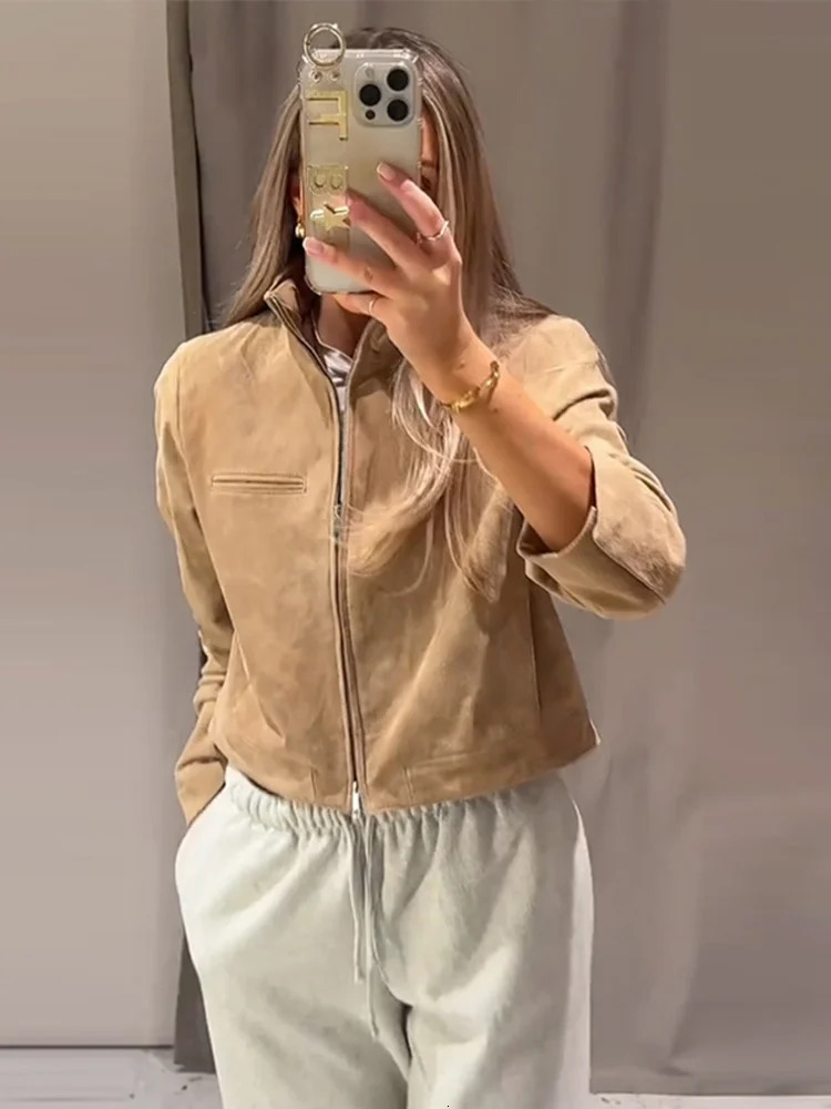 Suede Leather Short Jacket Coat Zipper Stand Collar Vintage Casual Motorcycle Jackets Baggy Front Shoulder Women Outwear Top 251020