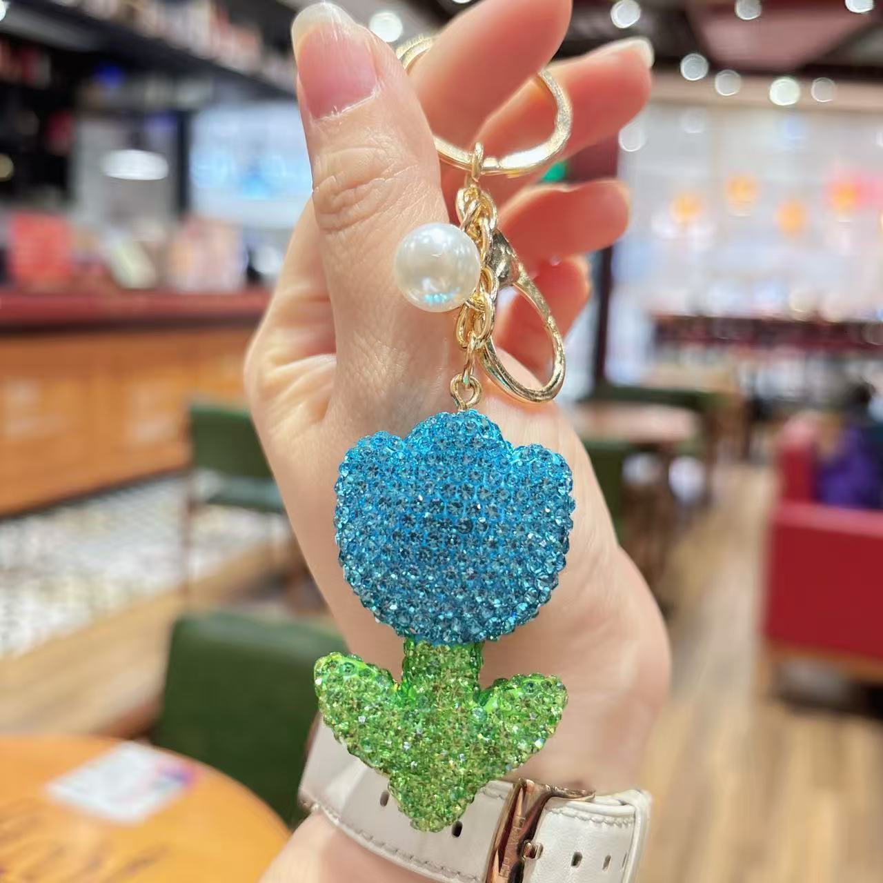 full ceramic tulip keychain fashionable personalized Inlaid diamond flower bag pendant couple gift