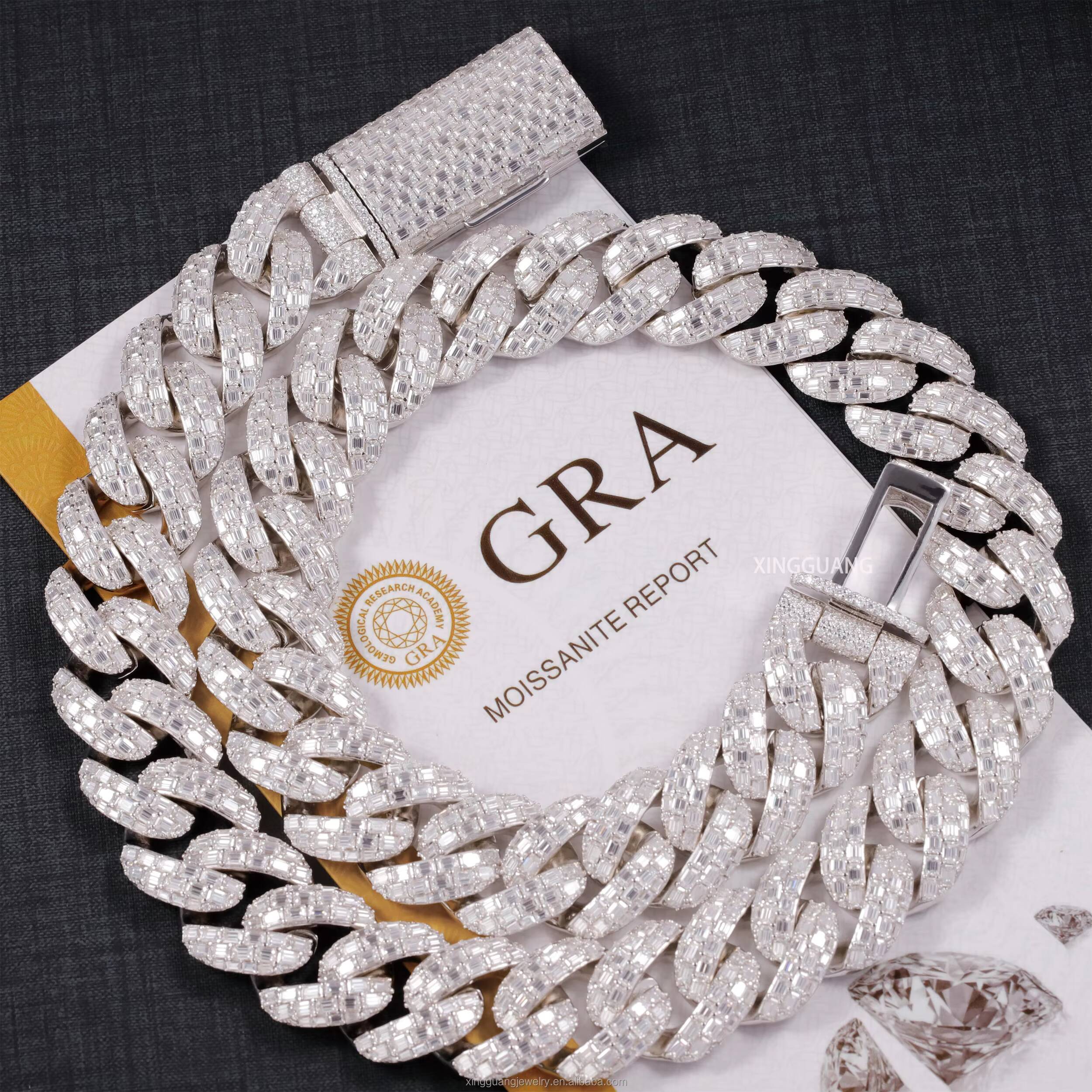 Customized Trend Baguette Moissanite Clasp Full Iced Out Cuban Lidynamic Chains 22MM 3 Rows 925 Silver Pass Diamond Test VVS Moissanite Chains