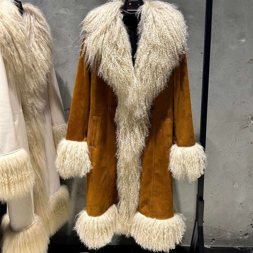 Winter Suede Long Fur Coat Mongolia Sheep Collar Arrival Camel Jacket 251021