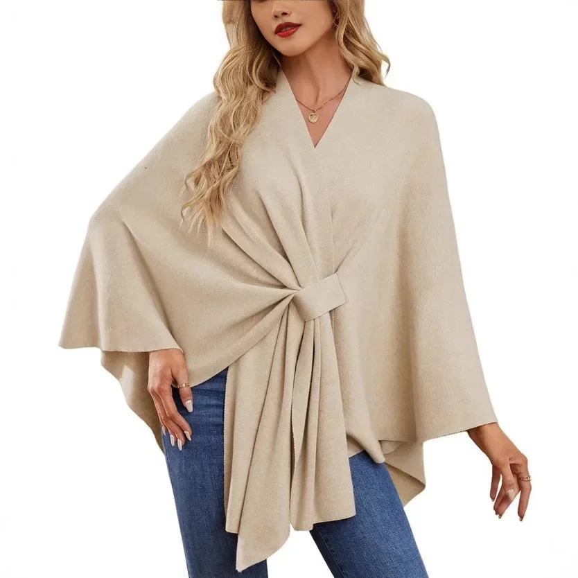 Elegant Shawl Wraps Soft Open Front Poncho Sweater Women Loose VNeck Cape Casual Solid Color Soft Open Front Poncho Bat Shirt 251016