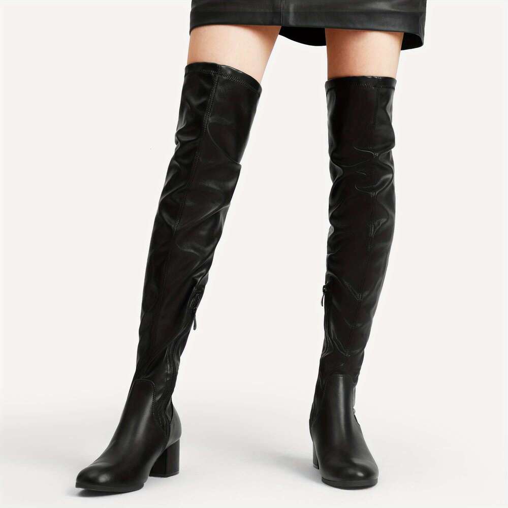 Chic Black Over-The-Knee Boots For Women - Stretchy, Chunky Heel With Side Zipper & Drawstring Closure, Warm Faux Fur Lining