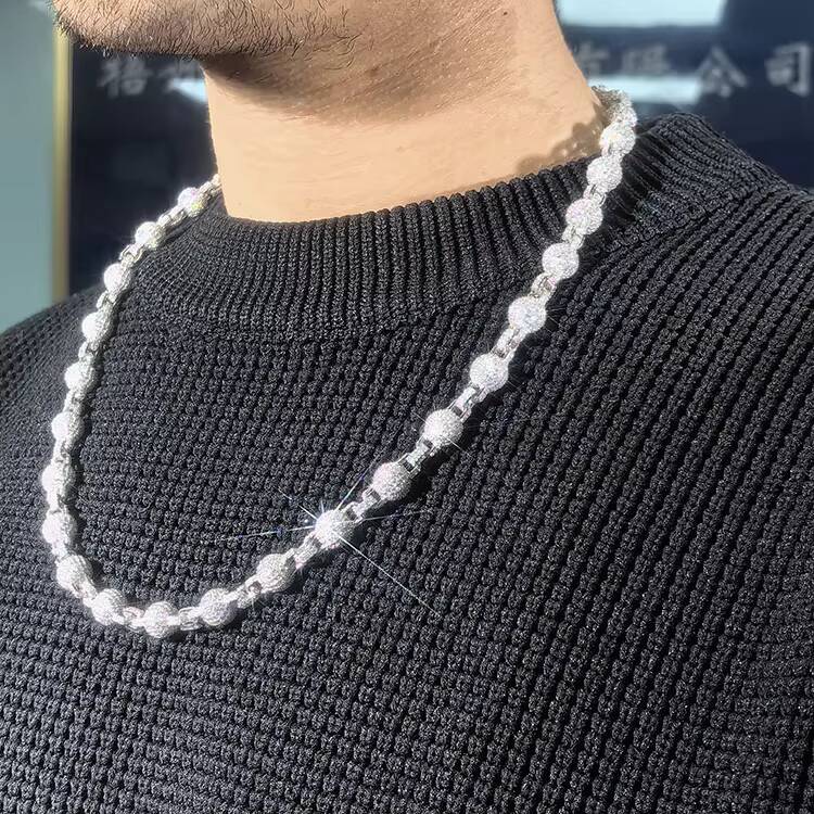 Ball Style VVS Moissanite Rosary Ball Chain Hip Hop Rapper Necklace Solid 925 Silver 10mm iced out Moissanite Ball Chain