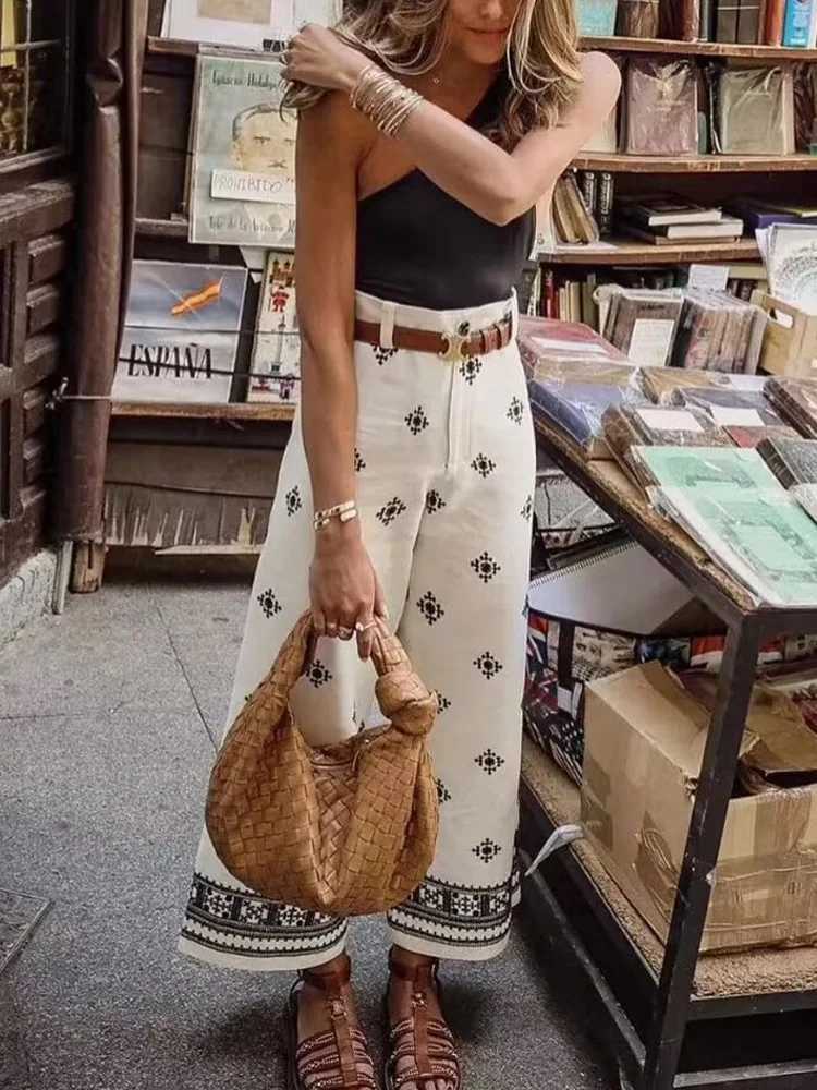 Womens Contrast Embroidery Linen Straight Pants High Waist Zipper Fly Female Ankle Trousers Chic FashionT251022