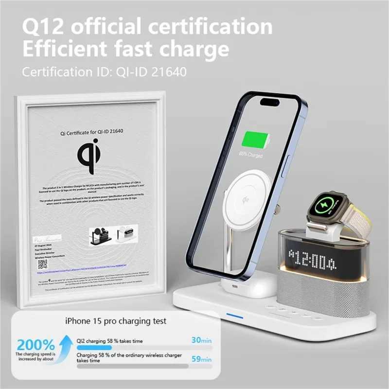 Qi2 5 In 1 Magnetic Wireless Charger Stand LED Night Light Alarm Clock for iPhone IWatch Airpods Fast Charging Station J251114