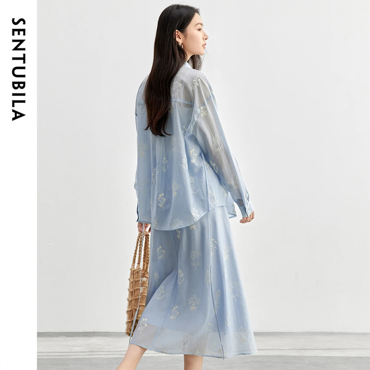 SENTUBILA Shirt Skirt Sets Women Outfit Loose Embroidery Lace Up Shirt Elastic Waist Skirt Lyocell Match Sets 151Z58161 251014