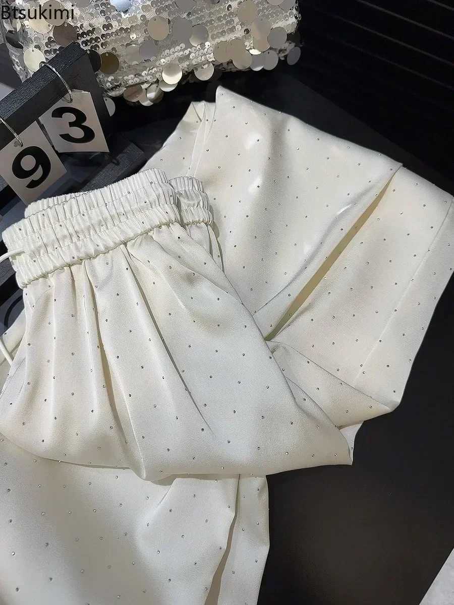 2025 High Quality Luxury Full Rhinestone Wide Leg Pants Fashion New Drawstring High Waist Straight Pants Ladies Casual TrousersT251022