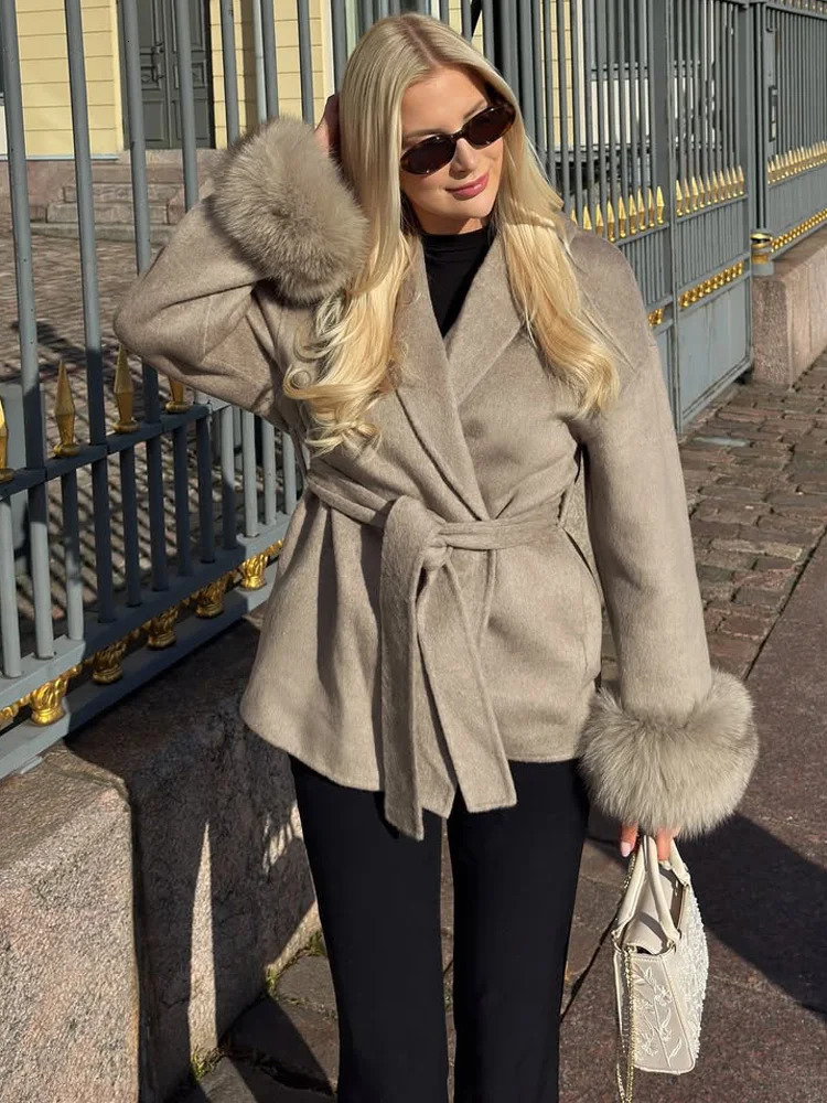 Tossy Fox Fur Wool Overcoat Womens Short Coat Office Lady Elegant Doublesided Woolen Cardigan Jackets Loose 251021