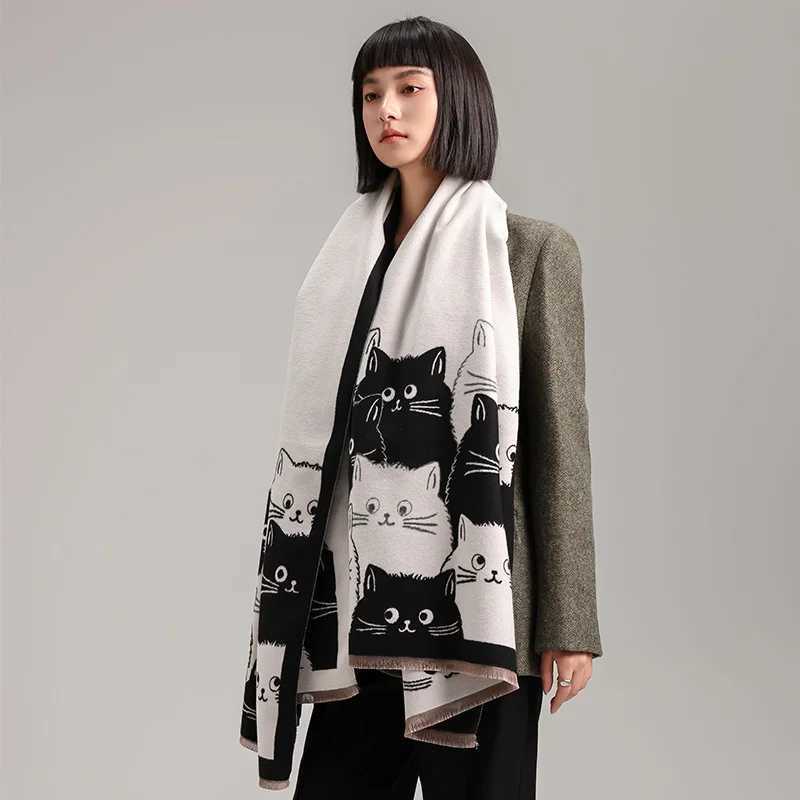 2024 New Fashion Cute Cat Ladies Jacquard Cashmere Scarf Winter Thick Warmth Shawl Coldproof Windproof Blanket Scarf J251118