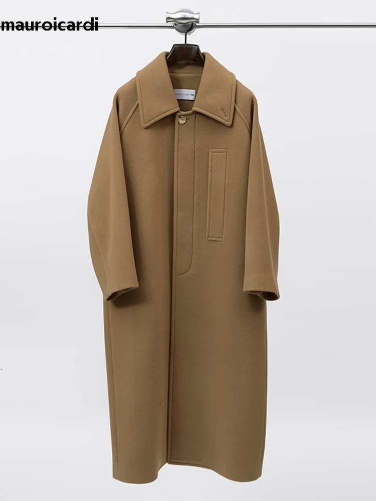 Mauroicardi Autumn Winter Oversized Long Khaki Warm Soft Woolen Coat Men Single Breasted Wool Blends Overcoat European Fashion 251017