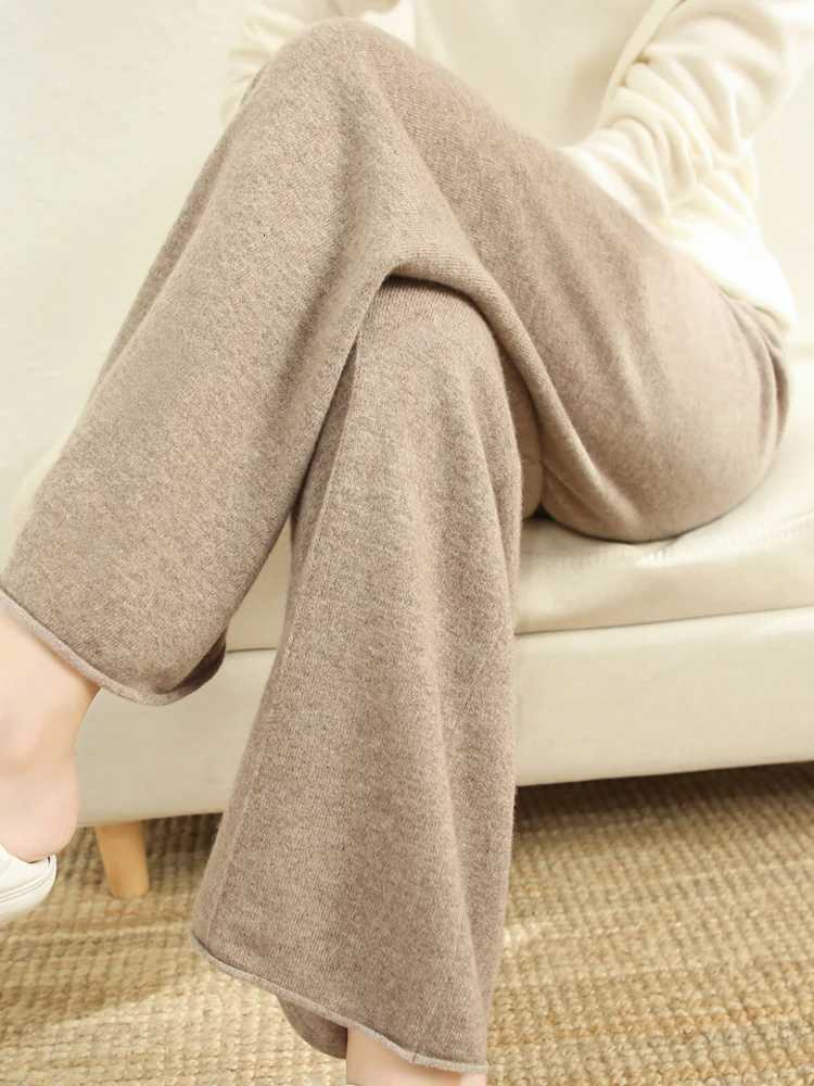 New Chic Womens Wool Pocket Pants Autumn Winter 100 Merino Wool Straight Pants Thick Soft Casual Simple Style Cashmere TrouserT251022
