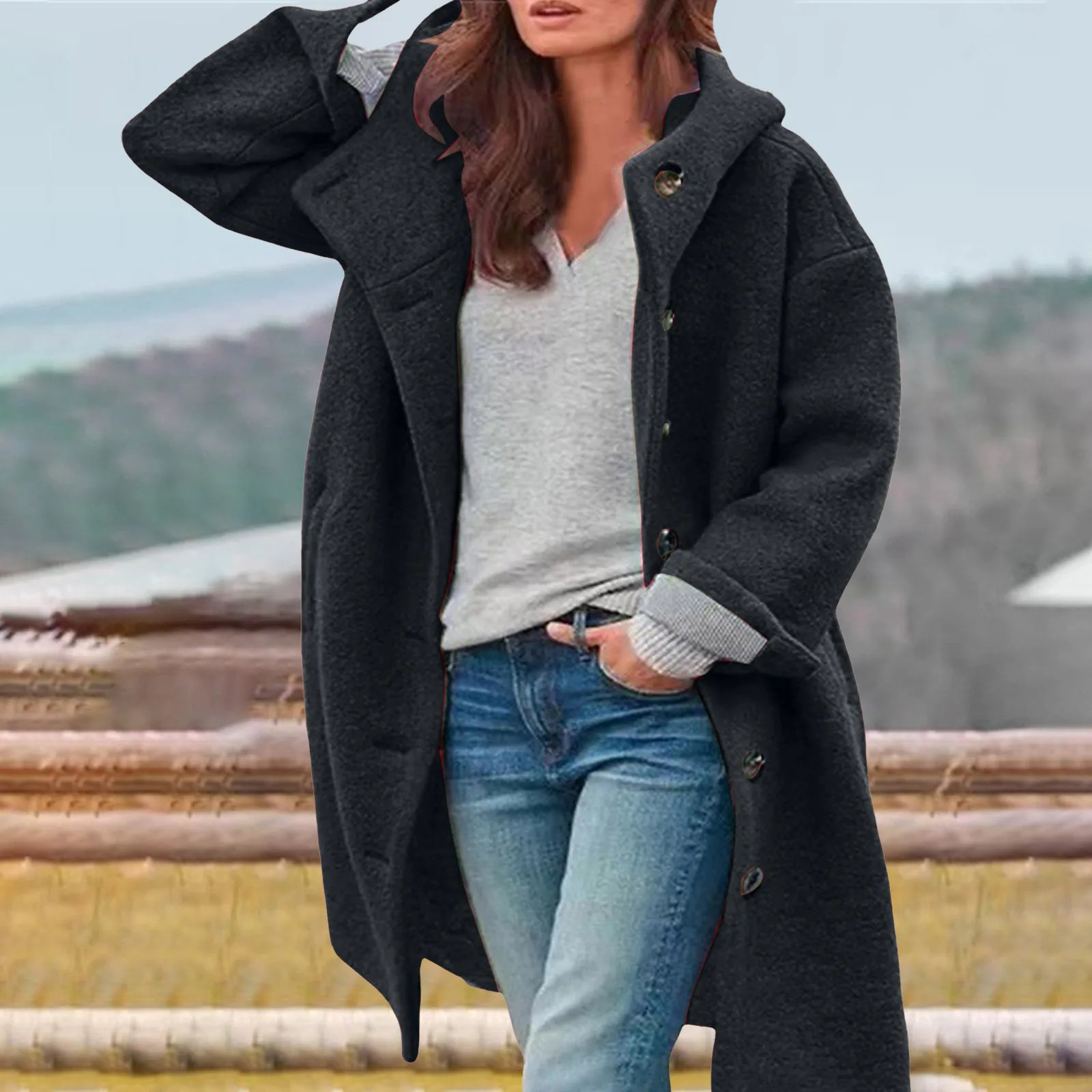 Women Thick Wool Winter Jackets Solid Color Long Sleeved Warm Single Breast Hooded Woolen Coat Casual Trench Coat For Women 251020