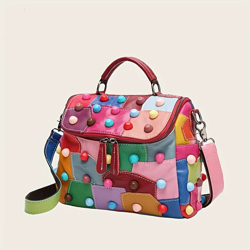 1Pc Geometric Pattern Handbag - Detachable Shoulder Strap, Zipper Closure, Polyester Lining, Multi-Functional Spacious Messenger Bag With Random Patch