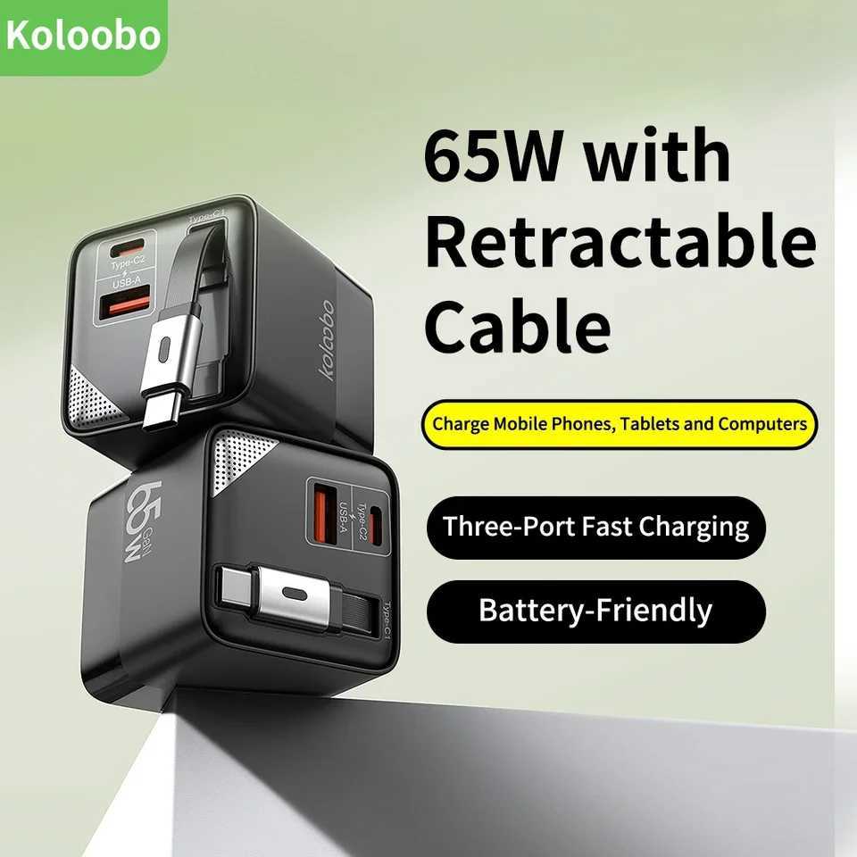 65W GaN Fast Charger ThreePort USBC Charging Head Builtin 80cm Retractable TypeC Cable for iPhone16 15 14 13 J251114
