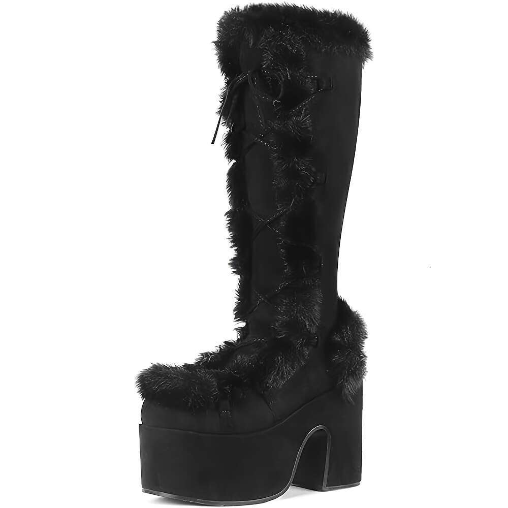 Women's Mid Calf Platform Black Faux Fur-Lined With Lace-Up & Zip Closure, Chunky High Heel, Warm Winter Snow Boots, Fur Boots
