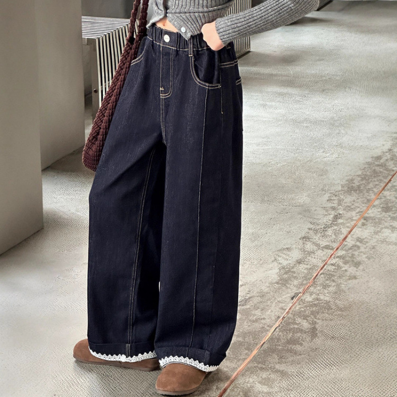 Free Shipping luxury kids pants Girls Wide Leg Jeans with Lace Ruffle Detail, 2025 New Fall Loose Straight Leg Pants, Fashionable Jeans for Big Girl T