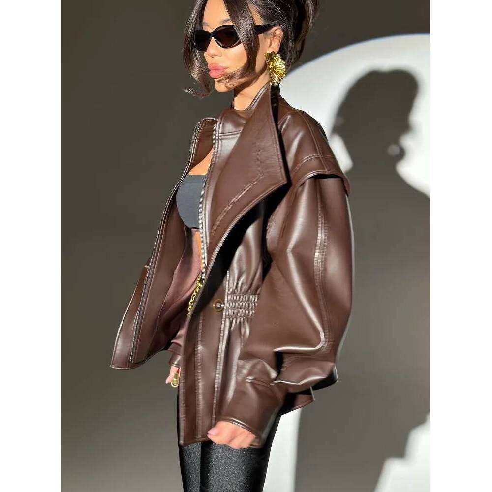 2025 Elastic Waist Cinching Brwon Leather Jacket Women Casual Lapel Zipper Pu Coat Lady New Autumn Outdoors Highstreet Outwear