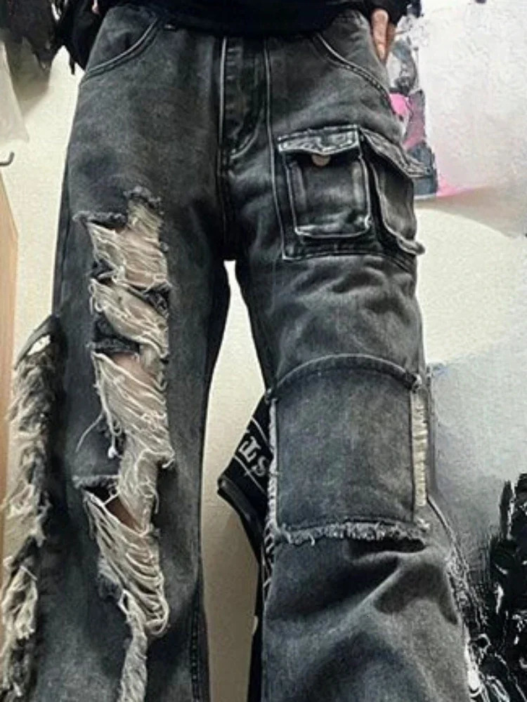 Vintage Grunge Jeans Woman Punk Hole Trousers Streetwear High Waist Wide Leg Y2k Aesthetic Baggy Denim Pants Pantalones Mujer 251017