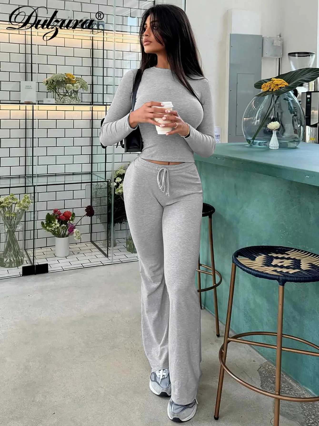 Dulzura WomenS Casual 2 Piece Pants Set Long Sleeves Bodycon Crop Top And Drawstring Flare Pants Matching Set Streetwear AutumnT251022