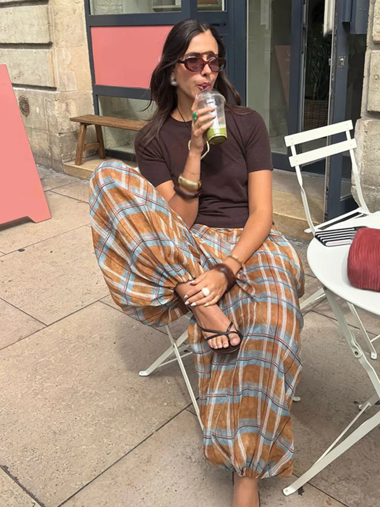 HH Women Autumn Ramie Bloomers Plaid Printed Loose Pants Female Fashion Versatile Drawstring Streetwear Casual Trousers 251016