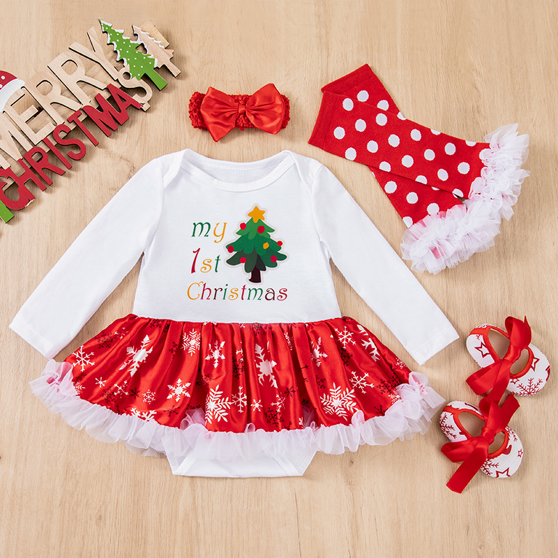 Winter Christmas Baby Girl Romper Dress Set Large Snowflake Print Long Sleeve Infant Onesies 4-Piece Set for Wholesale