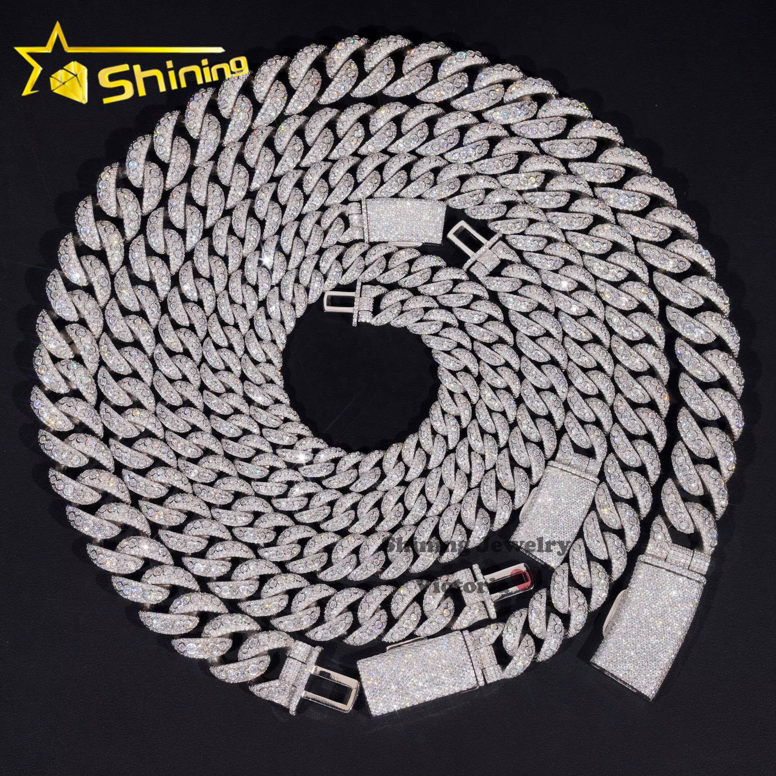 Panyu New Arrivals Hip Hop Rapper Necklace 925 Silver 13MM 15MM 18MM 20MM VVS Moissanite Diamond Bezel Setting Cuban Link Chain