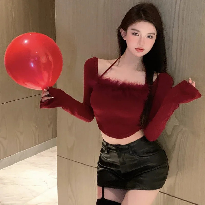 Plush Sweater Autumn Crop Sexy Knitted Pullovers Allmatch Off Shoulder Temper Attractive Korean Style Skinny Basic Ulzzang 251016