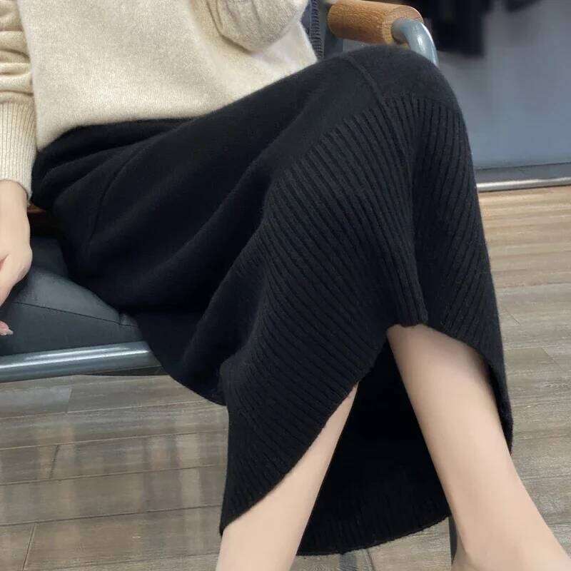 Women's Knitted Cashmere Double Pocket 100% Pure Wool Commuter Joker Straight Skirt For Autumn Winter New 251022