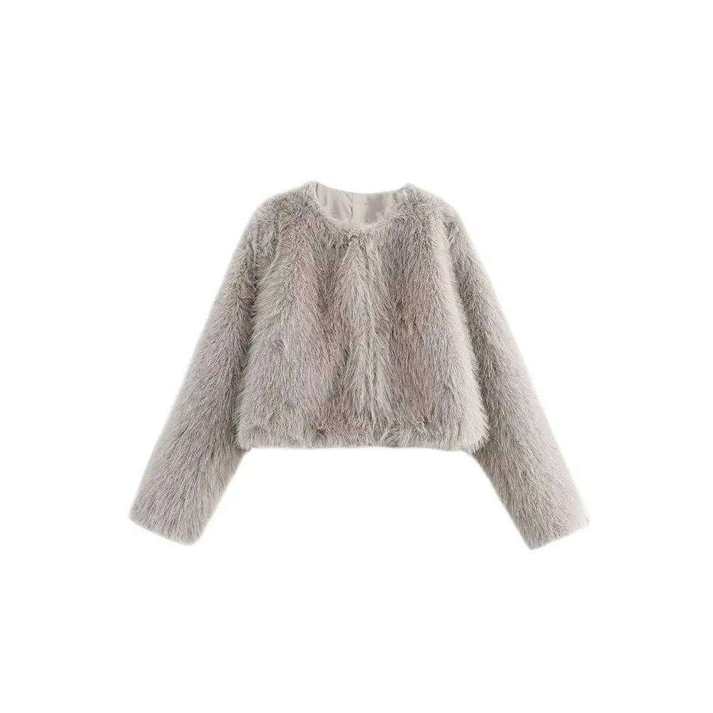 Women's Thick Warm Faux Fur Cropped Jacket, O Neck, Long Sleeve, Female Outerwear, Chic Tops, Fashion