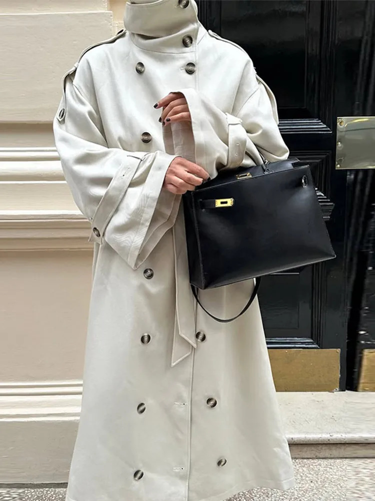 Womens Trench Coat Double Breasted Stand Collar Epaulet Lace Up Long Windbreaker Office Lady Autumn Winter Solid Slim Outerwear 251021