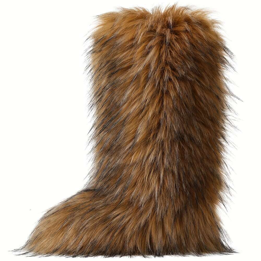 Stylish Women's Fluffy Faux Fur Round Toe Flat Heel Winter Outdoor Warm Knee High Boots