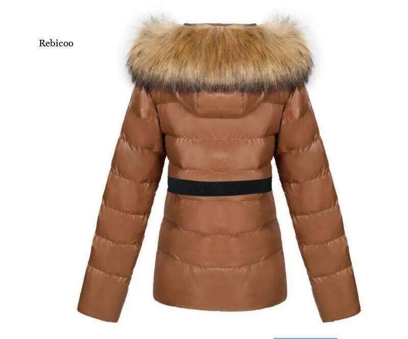 Parka Women Casual Padded Pu Leather Jacket Solid Hooded Long Sleeve Zip-Up Thick Warm Short Coat With Belt