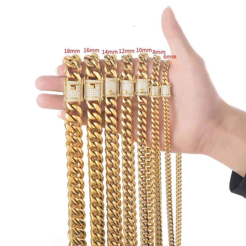 Wholesale 6-18mm Stainless Steel 14K Gold Plated Necklace Miami Cuban Link Chain Monaco Chains for Men