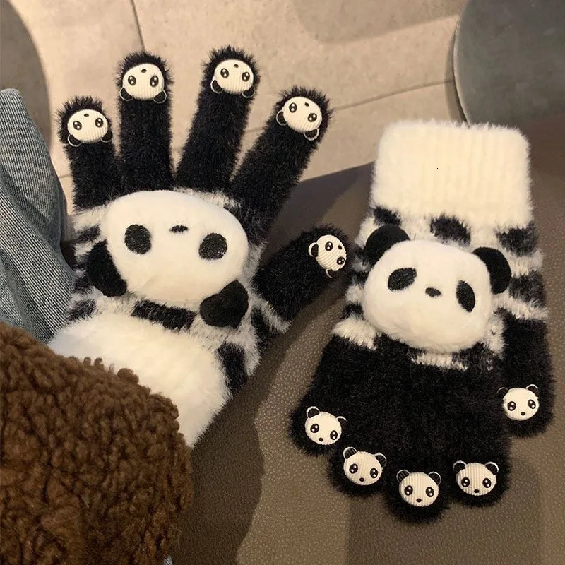 1 Pair Womens Winter Black White Y2K Kawaii Panda Knitted Gloves Open Toe Scratch Mobile Phone Texture Warm Lolita Gloves 251021