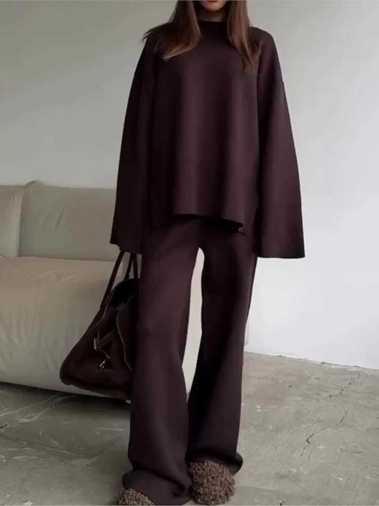 2025 Solid Color Knitted Sweater Two Piece Set Women Fashion Loose O Neck Knitting Pullover Trousers Sets Female Simple StyleT251022