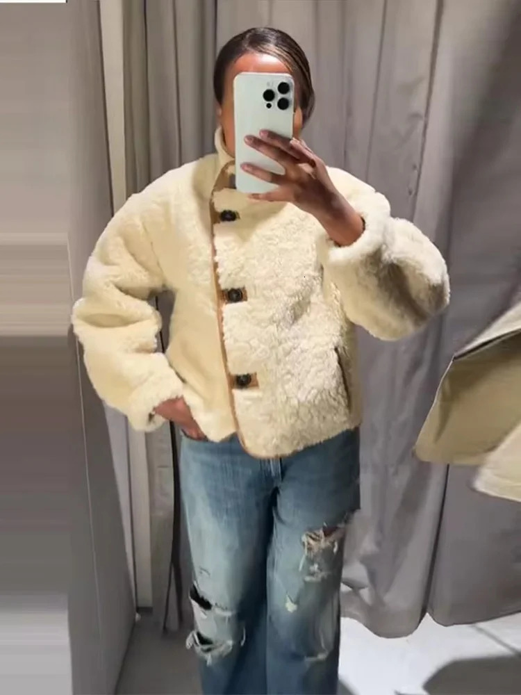 Tidalyf Women Reversible Fleece Jacket DoubleSided Wear Long Sleeve Stand Collar Button Coat with Pockets Casual Warm 251021