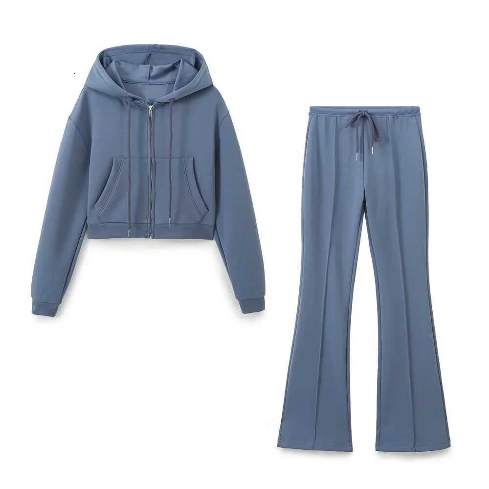 Autumn new womens fashionable casual zipper decoration hooded long sleeved sweatshirt jacket trumpet pants setT251022