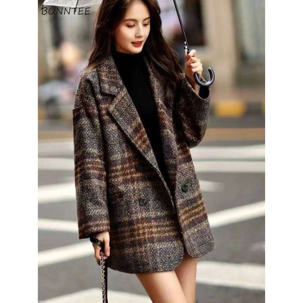 Tweed Blends Women Elegant Fashion Korean Autumn Winter Coat Streetwear Casual Slouchy Plaid Aesthetic Clothing Outwear Womens