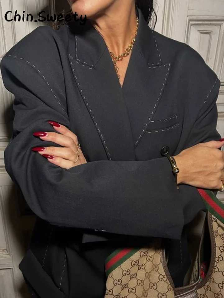 Casual Double Breasted Line Suit Pants Sets Women Lapel Full Sleeve Pocket Jacket Straight Trousers 2025 Autumn Winter Lady SetT251022