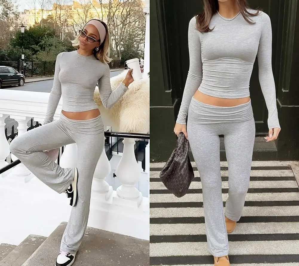 Casual Workout Two Piece Outfits Long Sleeve High Waist Foldover Flare Flared Leggings Pants Tracksuit Sets StreetwearT251022