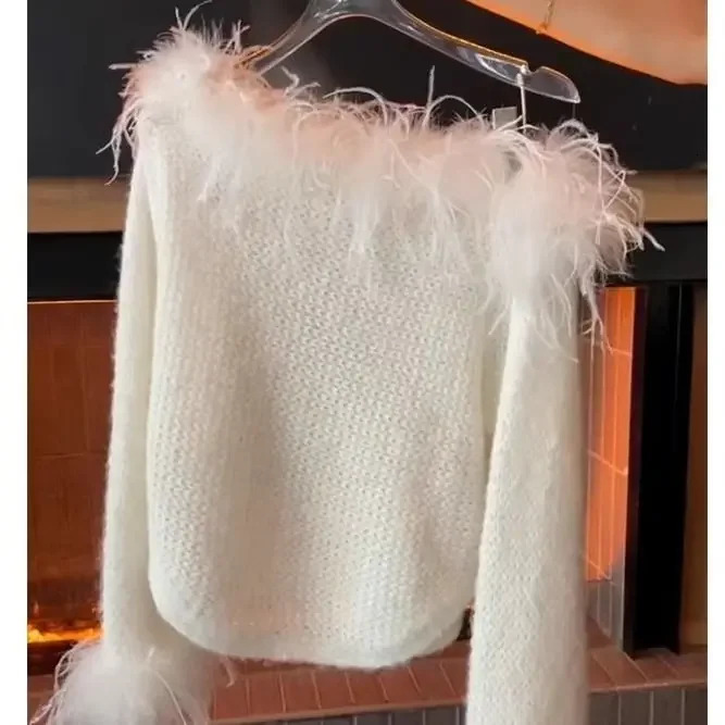 French Retro Soft Lazy Style Knitted Sweater Women Clothing Premium White Off Shoulder Feather Splicing White Sweater Pullovers 251016