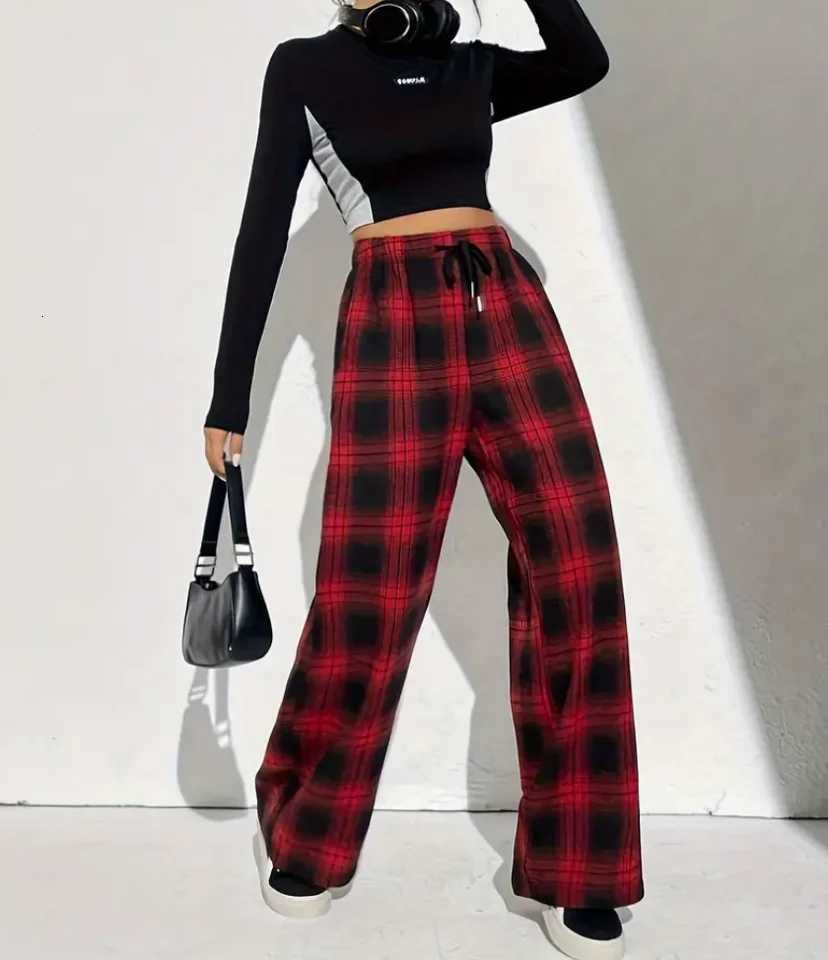 Plaid Print Wide Leg Pants Casual Drawstring Loose Pants For Spring Summer Womens ClothingT251022