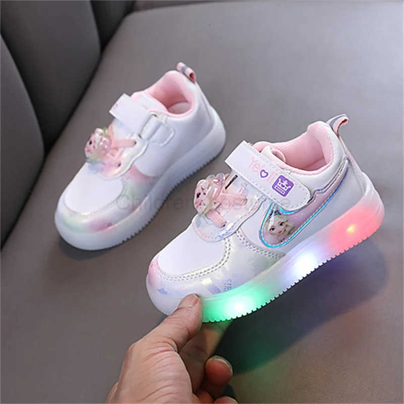 Disney Kids Girls Shoes Children Sneakers Girls LED Light Elsa Frozen Princess Casual Sport Shoes Student Pink Purple Teen Shoes H251022