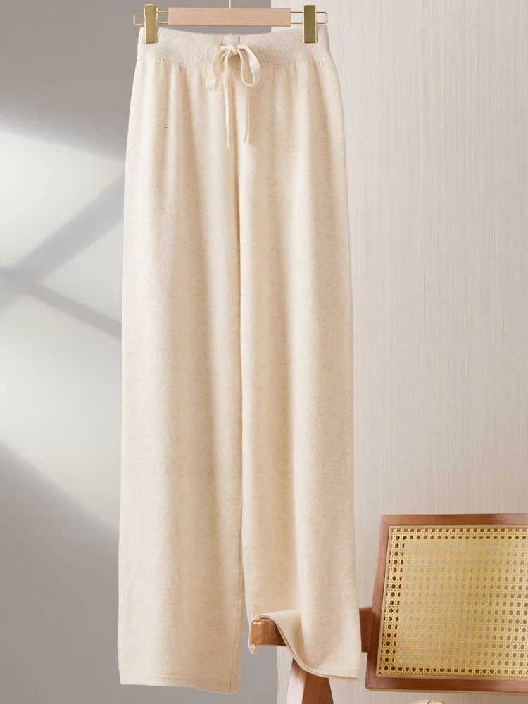 2025New Women100Merino Wool Knitted Wide Leg Pants Autumn Winter Basic Soft Warm Cashmere Knit Trousers Casual Drawstring StyleT251022