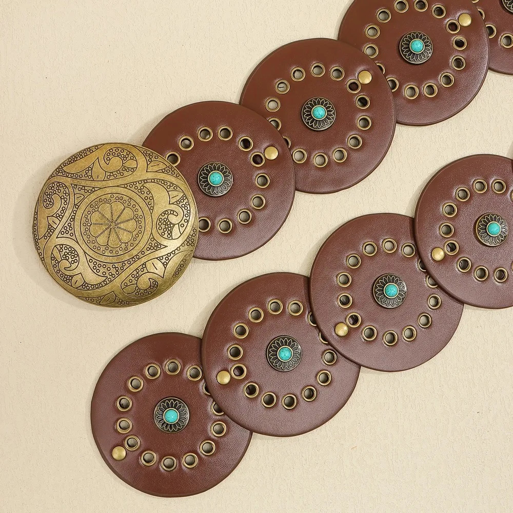 Exaggerated Wide Boho Disc Belt Adjustable Turquoise Carved Buckle Waist Belt Rivet Y2k Western Leather Waistband 251013