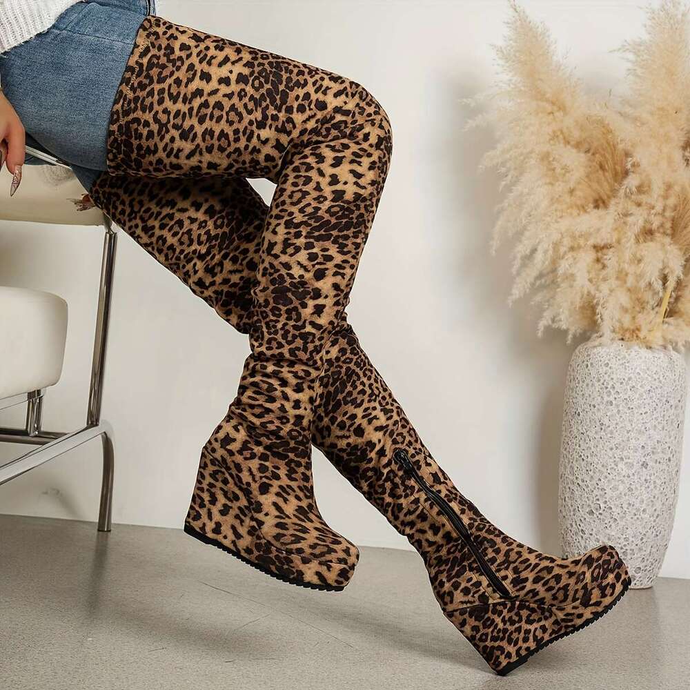 Women's Wild Leopard Over-The-Knee OTK With 10Cm Platform 50Cm High-Calf Design Warm Round Toe Zipper Closure, PU Sole Fabric Upper Stylish Winte