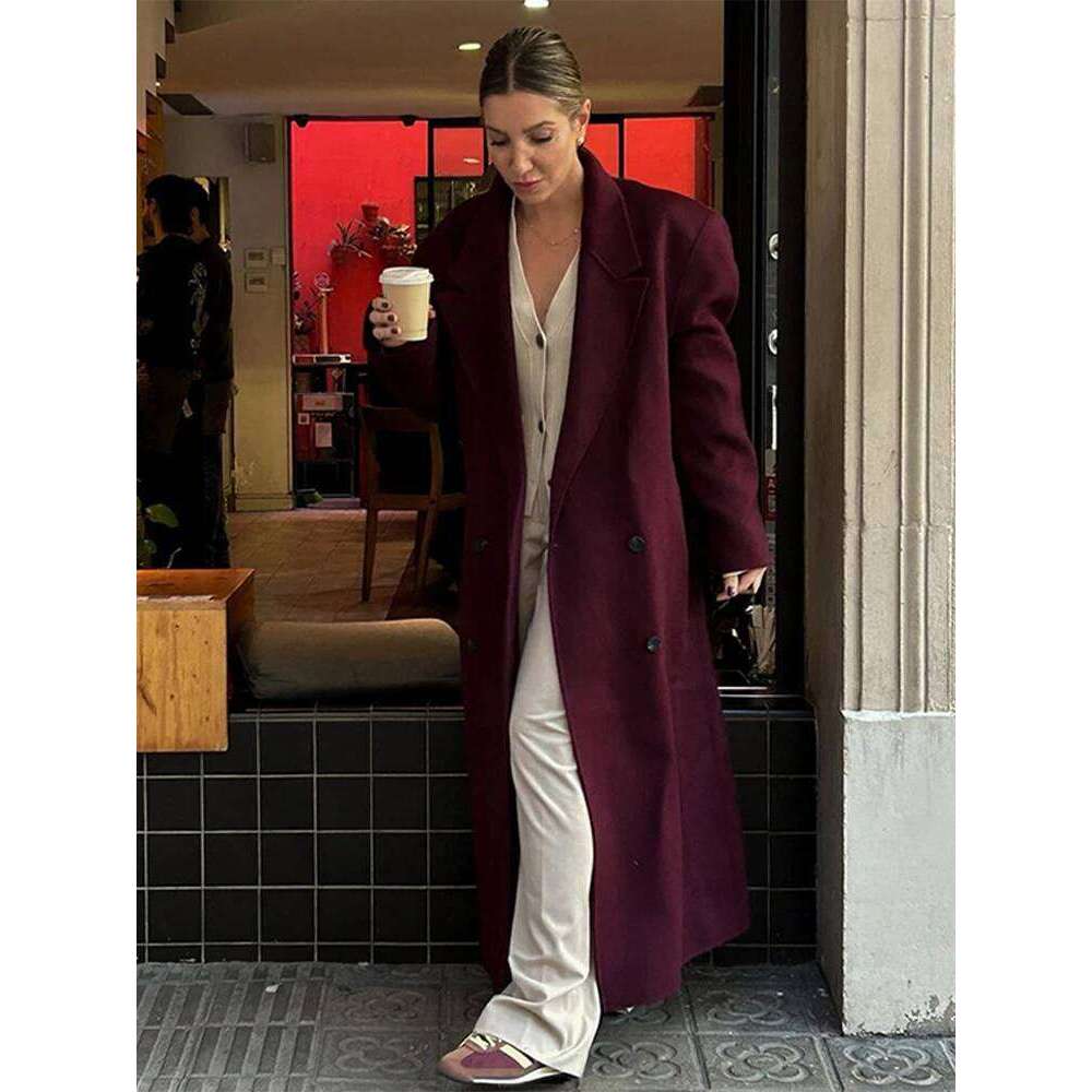 Suit Woolen Coat Bury Red Double Breasted Lapel Pockets Long Sleeves Women's Overcoat Winter Thicken Loose Outwear Top